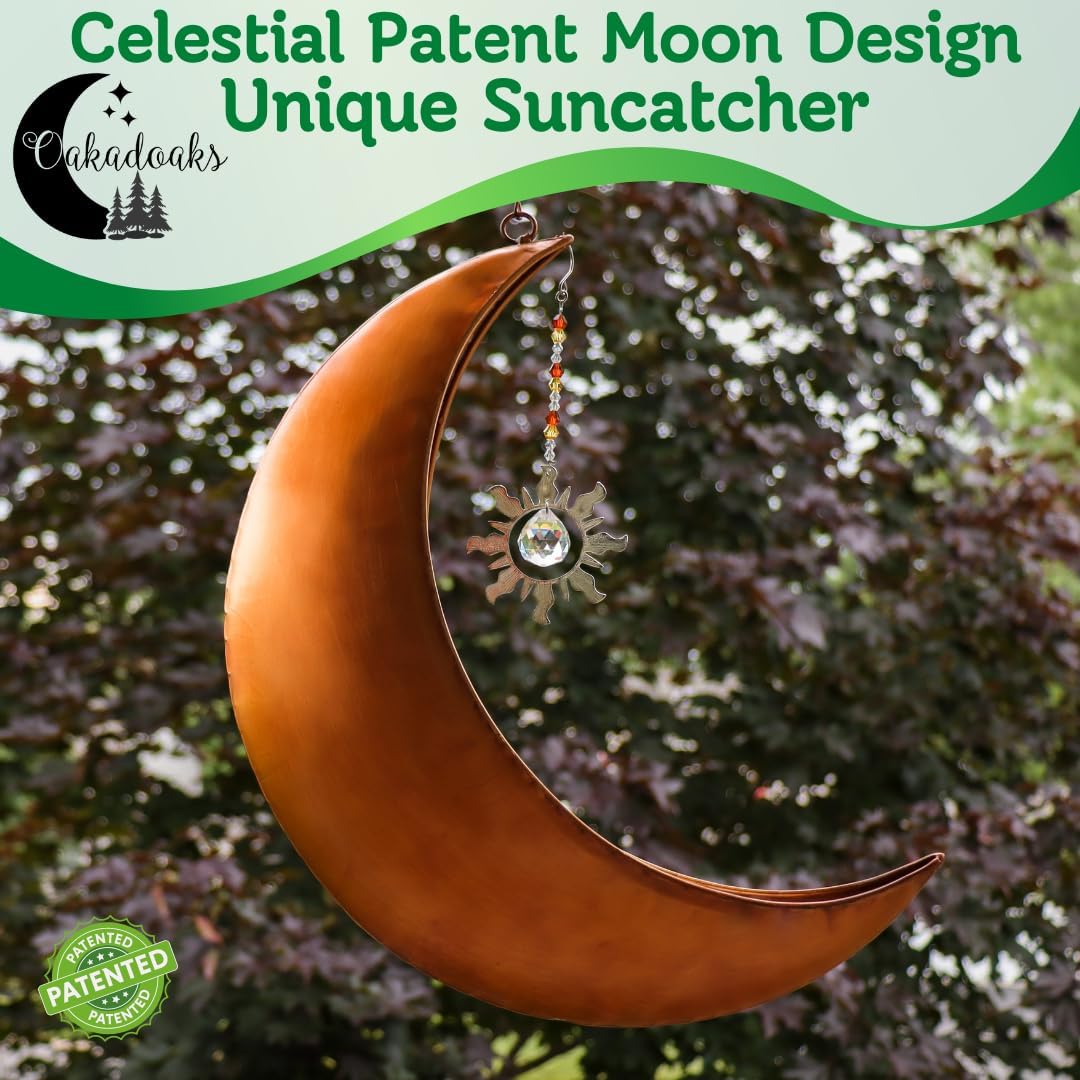 Hanging Moon Planter with Unique Suncatcher - Moon Room Decor – Bedroom, Bathroom, Nursery – 12” Boho Rustic Metal Planters- Hanging Crystal Suncatcher - Gifts for Women, Birthdays