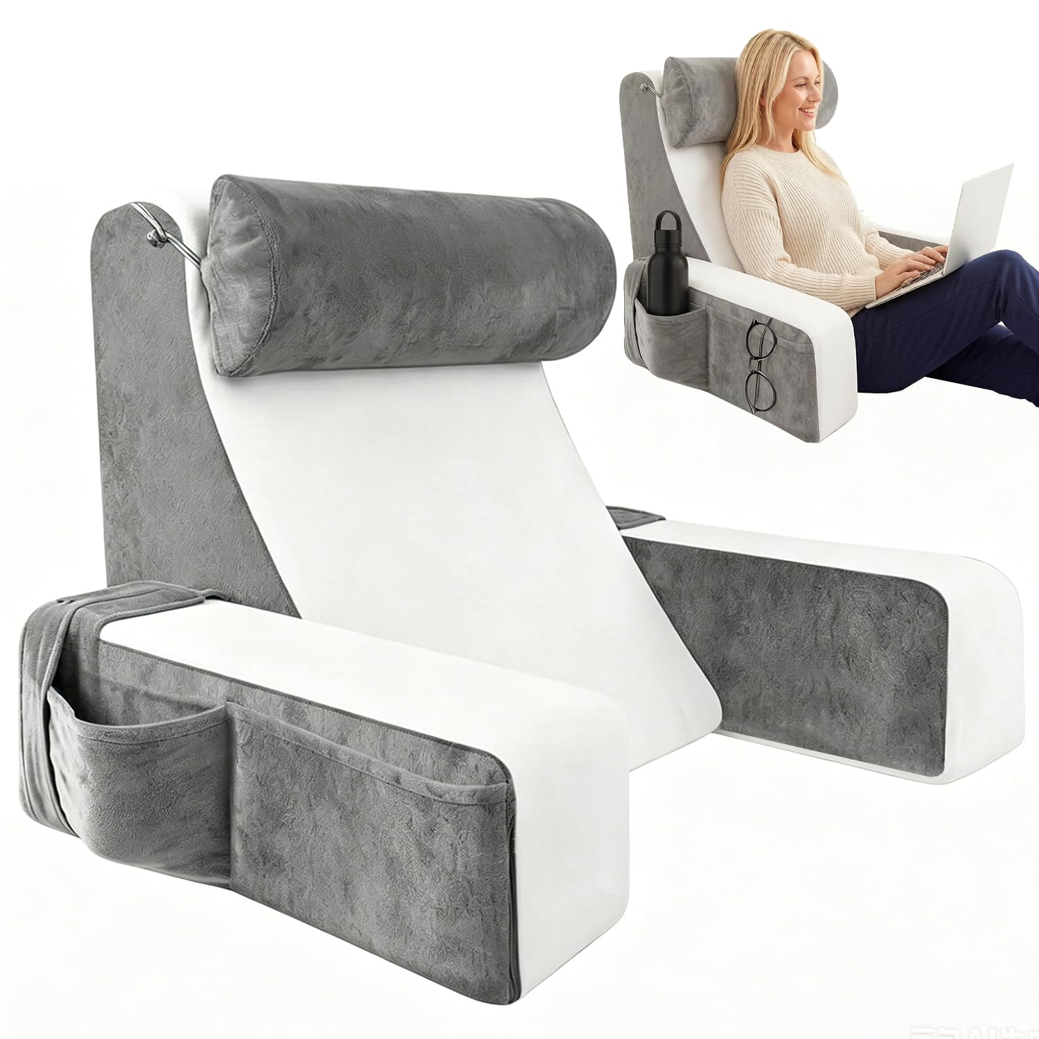 Cuscino da lettura con cuscino cervicale rimovibile e bracciolo, cuscino ergonomico extra alto con braccioli e tasche integrati, supporto per la schiena in schiuma frantumata per erigere a letto