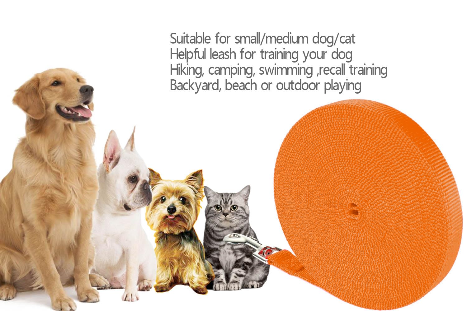 NavoX Guinzaglio da addestramento per cani da 5 m, 10 m, 15 m, 20 m, 30 m, guinzaglio extra lungo in nylon resistente, gancio resistente per cani di taglia grande, media e piccola, arancione