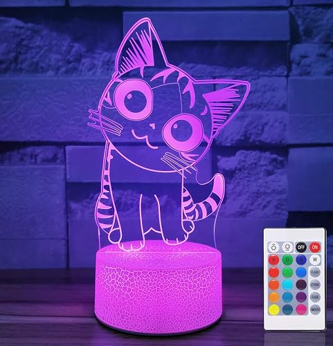 i-CHONY Cat Night Light for Girls,3D Optical Illusion Lamp 16 Colors Dimmable Led Light with Remote & Luminous Base,Cat Gifts for Women Teens Boys Girls Kids Christmas Gifts - Cat lamp 2