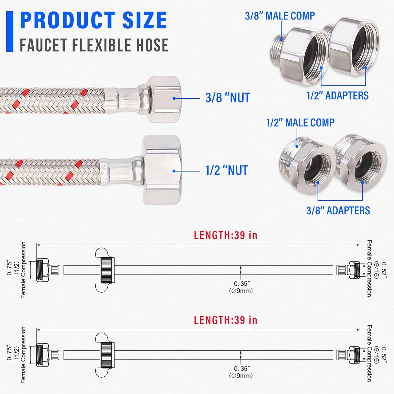 Faucet Hose Connector, 39 Inch Length Faucet Water Supply Lines 2 PCS Braided Stainless Steel 3/8" Comp x 1/2" Comp for Bathroom Kitchen Sink Faucet (1 Pair)