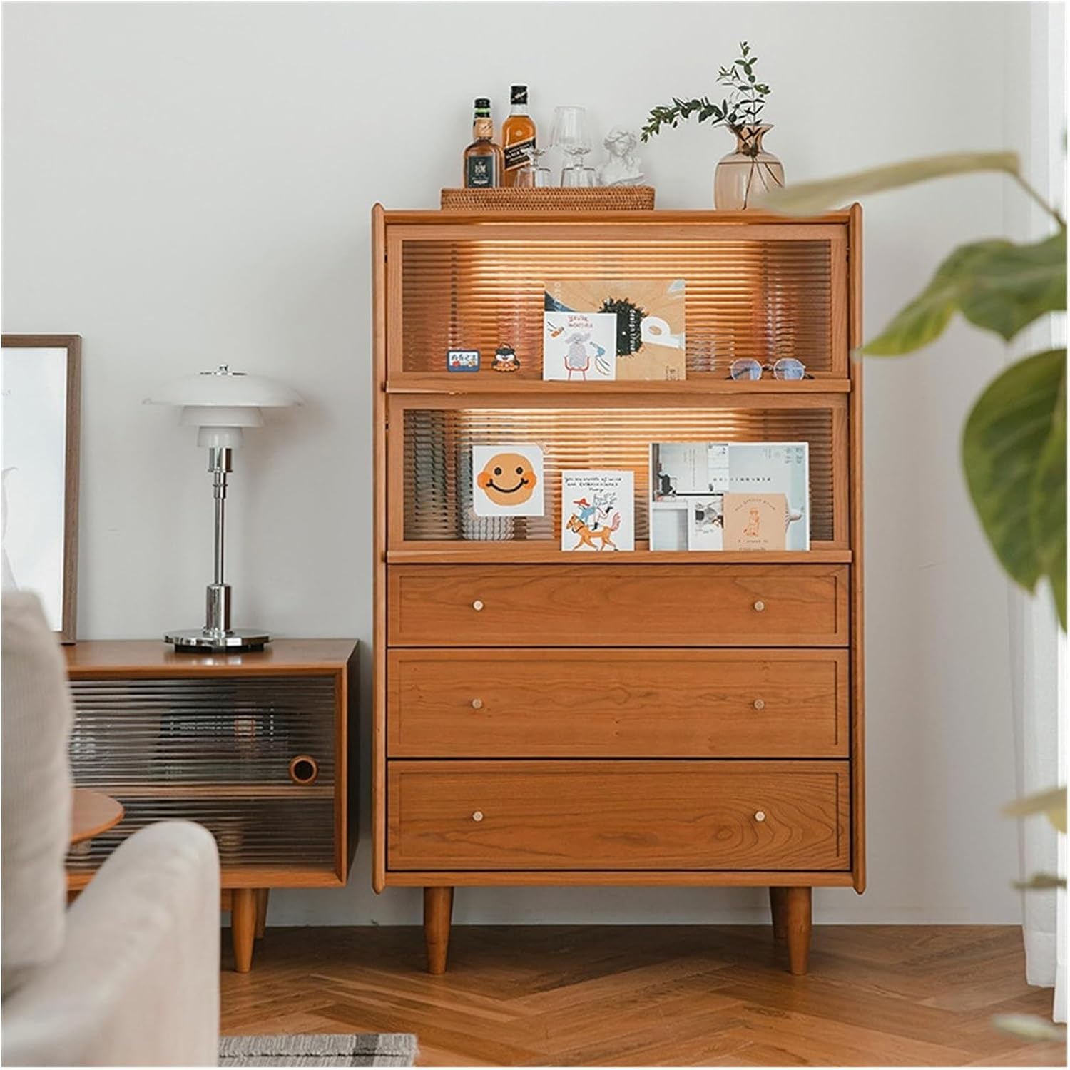 Wall Cabinet with Doors and Shelves for Kitchen Storage, Solid Wood Five-Drawer Display Cabinet, Wall Mounted Kitchen Cabinets Organizer for Living Room, Bathroom, Hallway Entryway,A-1