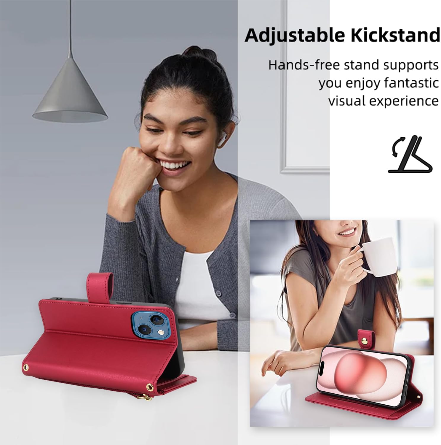 Asuwish Phone Case for iPhone 15 Plus 6.7 inch Zipper Wallet Cell Cover, with Tempered Glass Screen Protector and Crossbody Wrist Strap, Credit Card Holder i Phone15 15+ i15 + 15Plus Women Girls Red