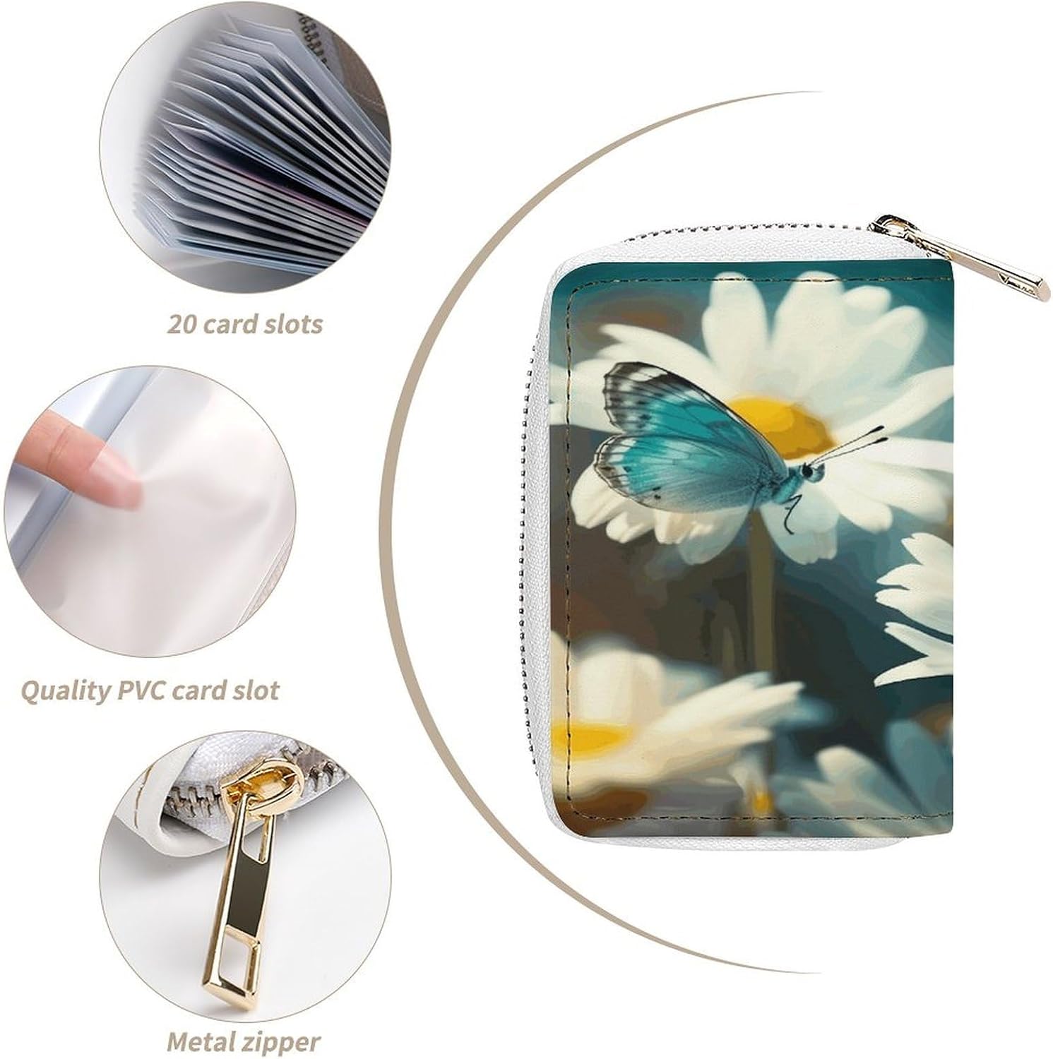 Daisies And Butterflies Card Holder RFID Blocking,Credit Card Wallet for Women And Men,Card Case Organizer Bag with Zipper