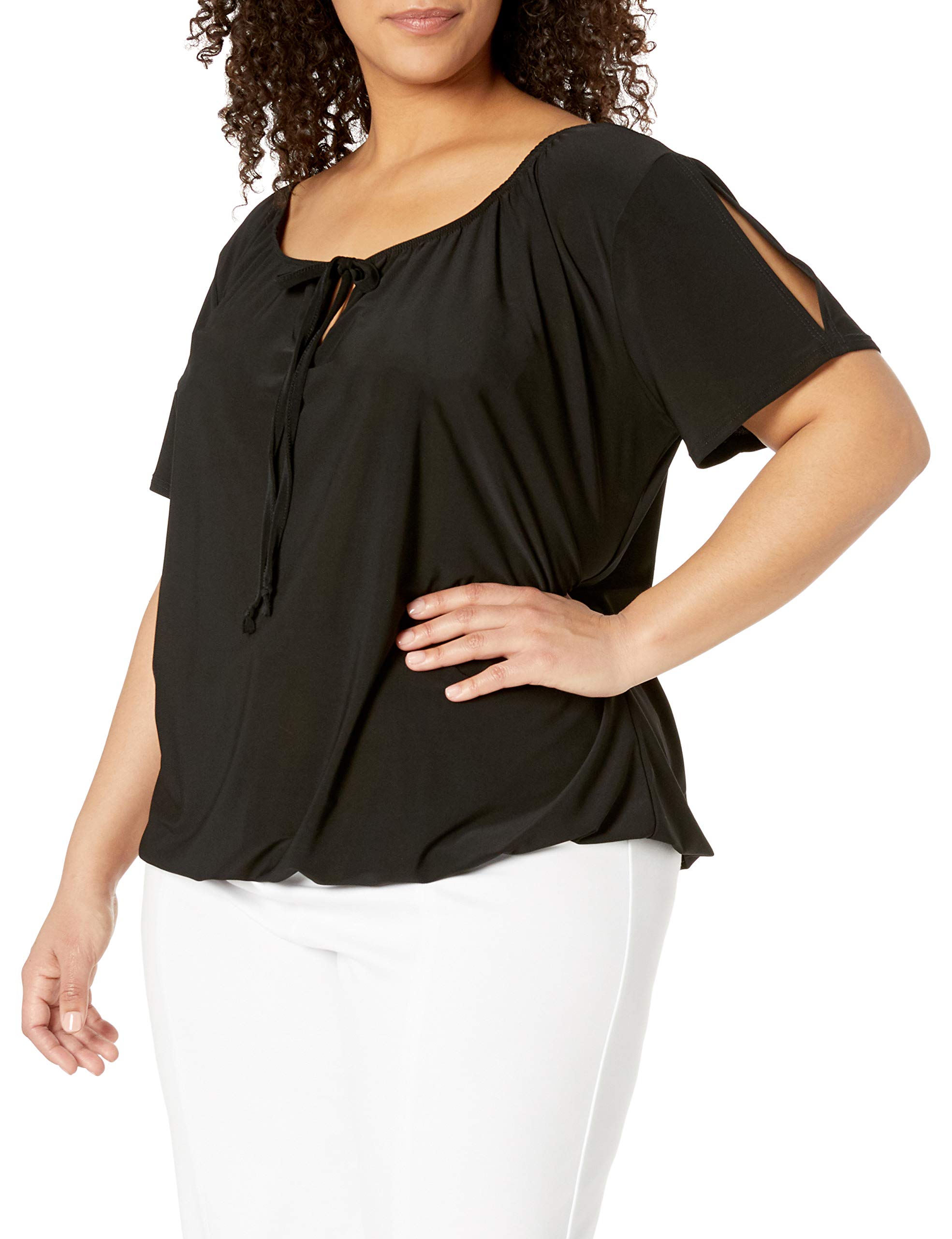 Star Vixen Women's Black Solid Plus-Size Shrt/Slit Slv Keyhole-Tie Peasant Top W Bubble Hem Blouse, 1X