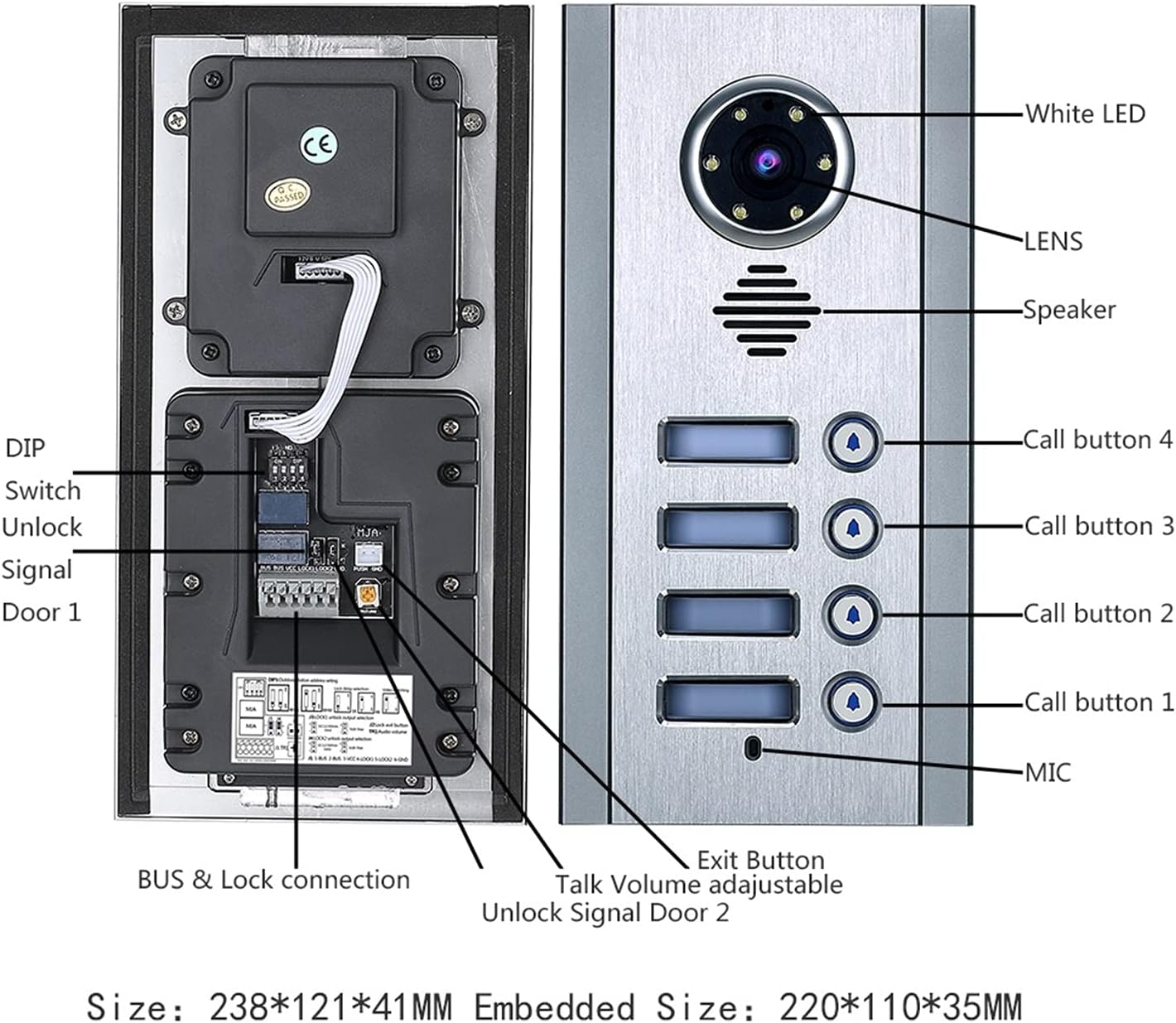 Detailed diagram of the outdoor camera unit showing its components: lens, speaker, call buttons, microphone, DIP switch, and wiring connections.