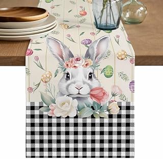 Easter Rabbit Eggs Flowers Wood Grain Table Runner Dresser Scarves, Table Runners 16x72 Inches Long,Non-Slip Washable Kitchen Dining Coffee Table Decor for Farmhouse Holiday Party