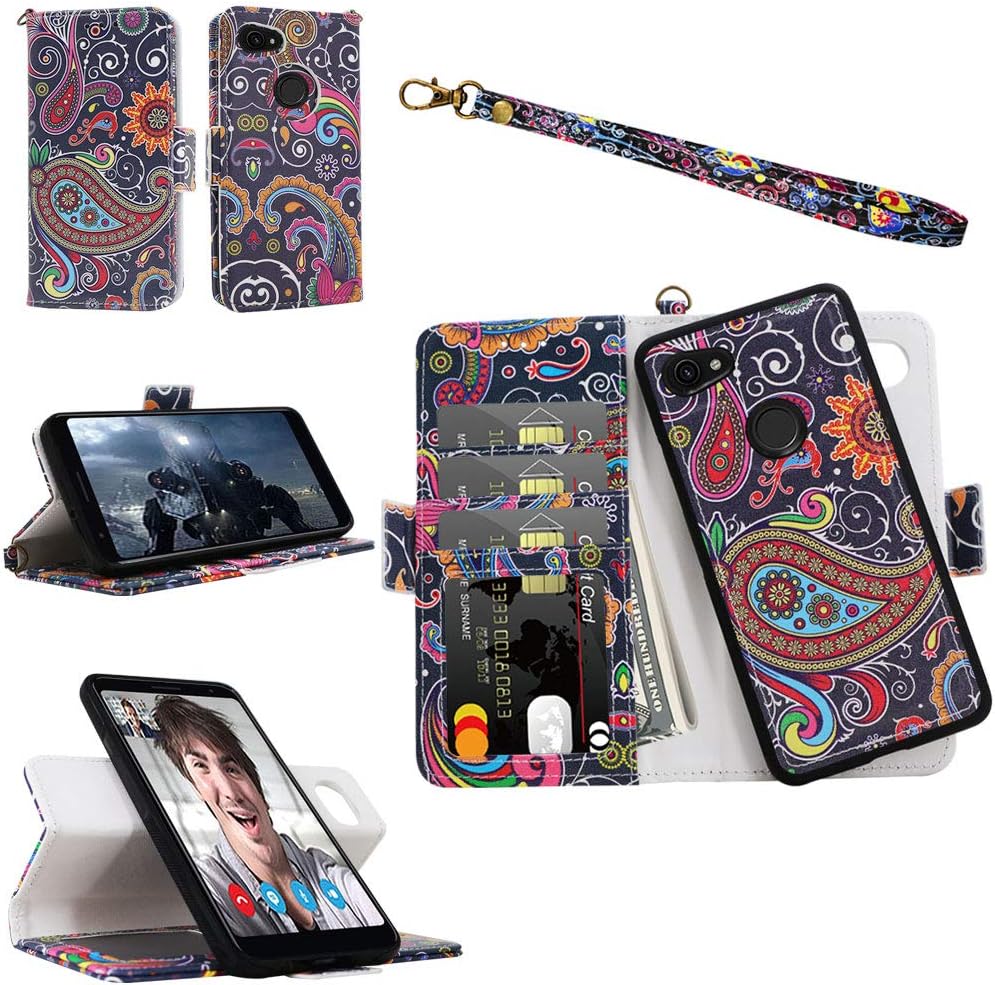 Samgg Pixel 3a Detachable Wallet Case with Wrist Strap and Tempered Glass, 2-Way Stand, Card Slot, Magnetic Closure - Durable Leather Folio Flip Case for 5.6" Google Pixel 3a (2019) (Paisley #2)