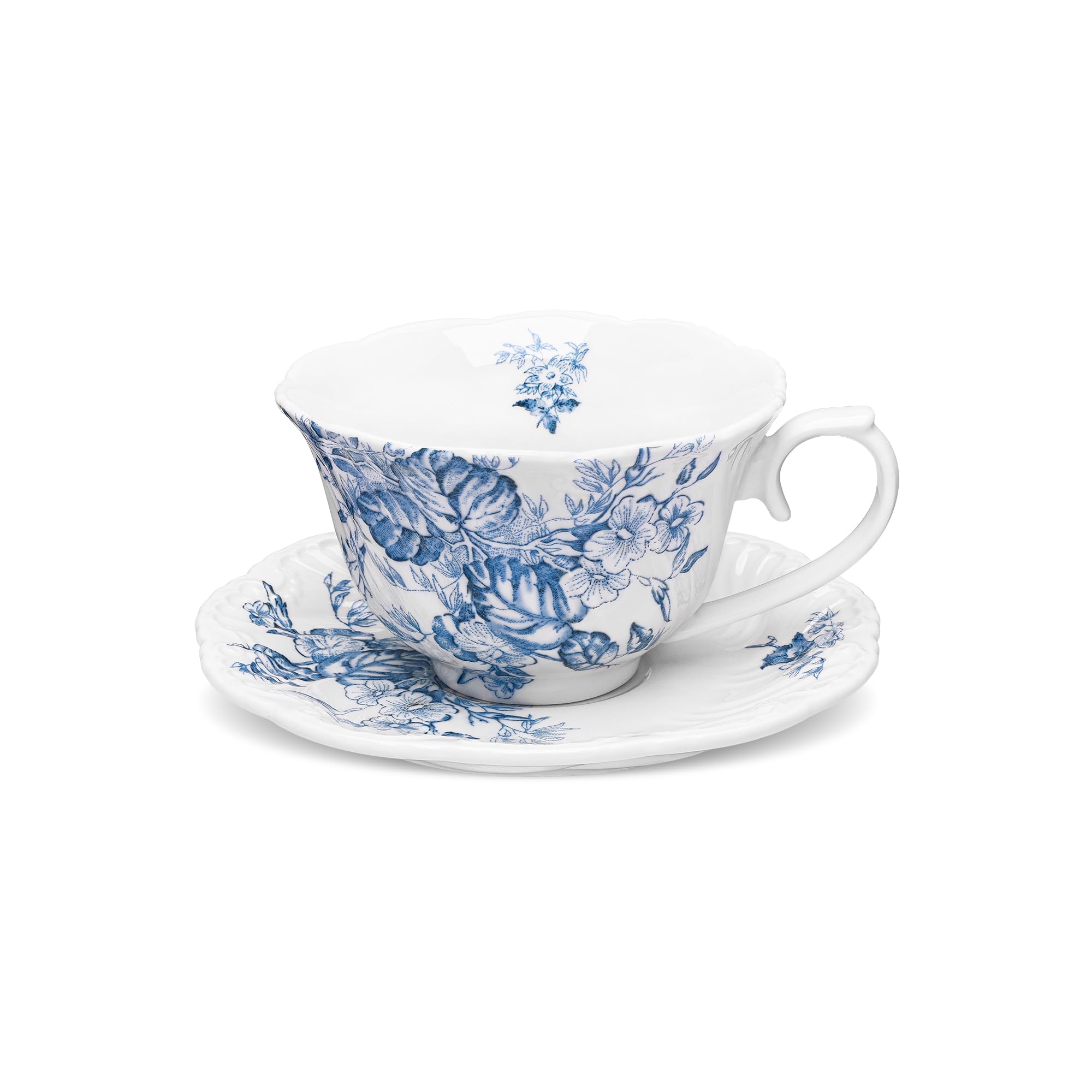 fanquare Vintage Teetasse und Untertasse Sets, Blaue Porzellan Teetassen mit Blumenmuster, Elegante Kaffeetasse und Untertasse für Teeparty Weihnachtsgeschenke 250 ml