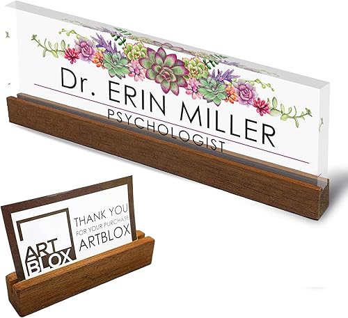 Artblox Placa de identificación personalizada de oficina para escritorio con tarjetero en vidrio acrílico transparente, diseño de flores suculentas,