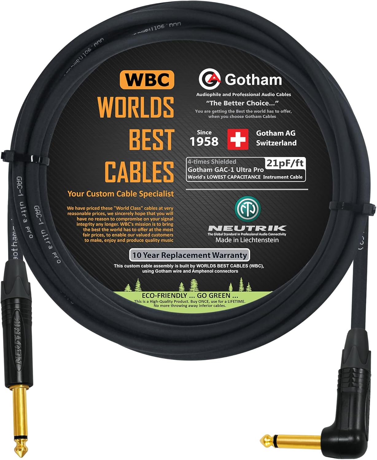 WORLDS BEST CABLES 10 Foot - Gotham GAC-1 Ultra Pro - Premium Low-Cap (21 pf/F) Guitar Bass Instrument Cable – w/Neutrik Gold Straight to Angled ¼ inch (6.35mm) TS Connectors - Custom Made