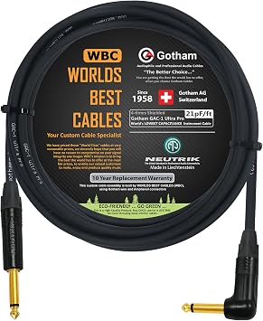 WORLDS BEST CABLES 10 Foot - Gotham GAC-1 Ultra Pro - Premium Low-Cap 21 pf/F Guitar Bass Instrument Cable w/Neutrik Gold Straight to Angled 14 inch 6.35mm TS Connectors - Custom Made