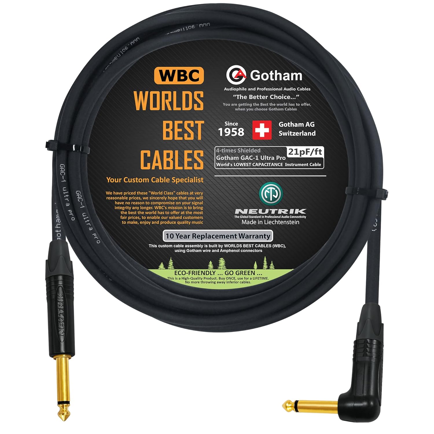 WORLDS BEST CABLES - Gotham GAC-1 Ultra Pro - Low-Cap Guitar Bass Instrument Cable, 15 Foot with Neutrik Gold Straight to Angled TS Connectors