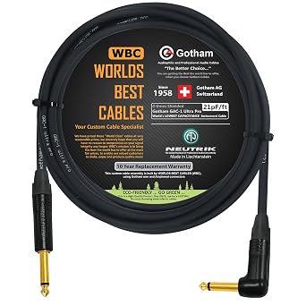 WORLDS BEST CABLES 12 Foot - Gotham GAC-1 Ultra Pro - Premium Low-Cap 21 pf/F Guitar Bass Instrument Cable w/Neutrik Gold Straight to Angled 14 inch 6.35mm TS Connectors Custom Made