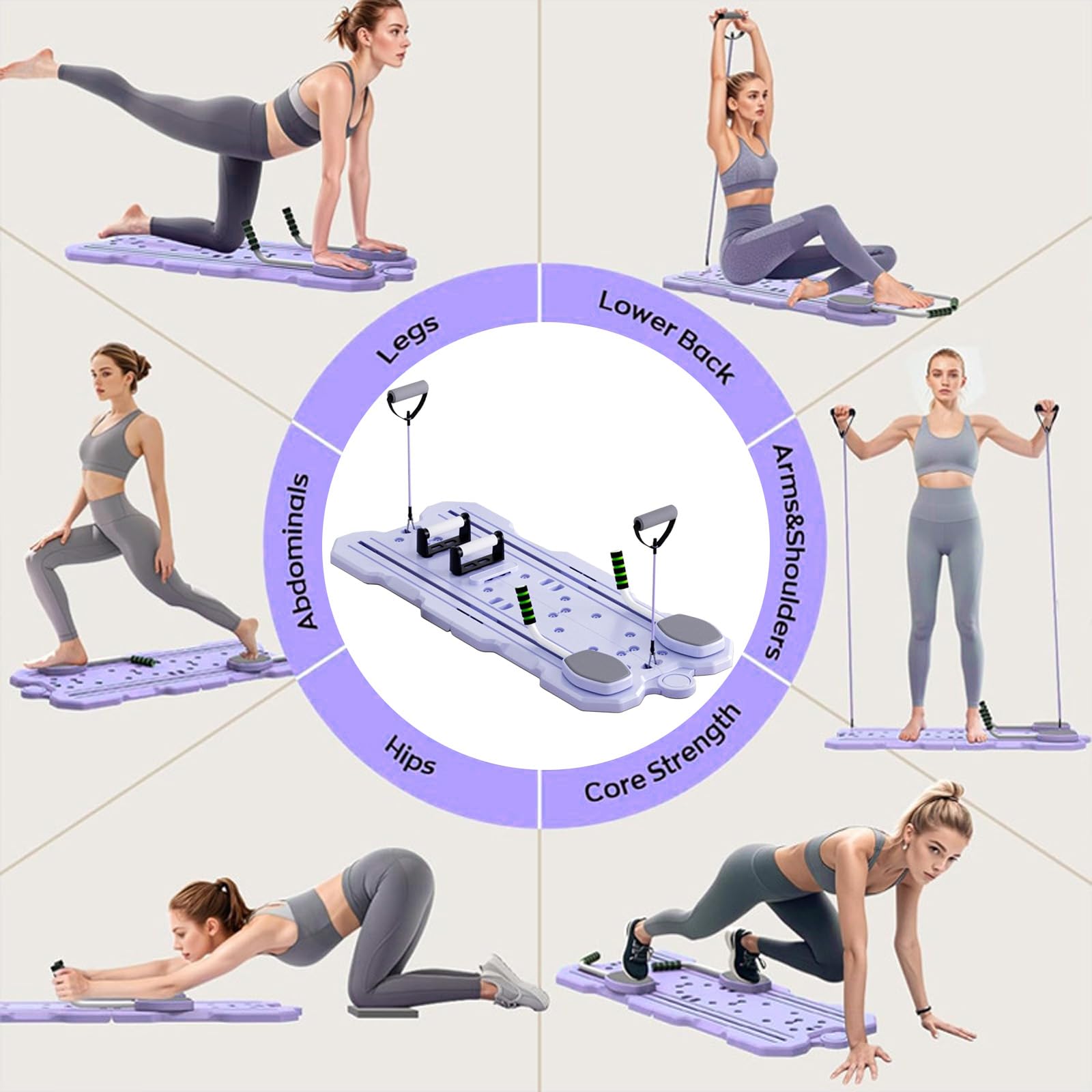 Planche de Pilates pliable multifonction avec rouleau abdominal, rouleau de rebond automatique, bandes de résistance et tapis de genoux, planche d'entraînement pour abdominaux pour la maison