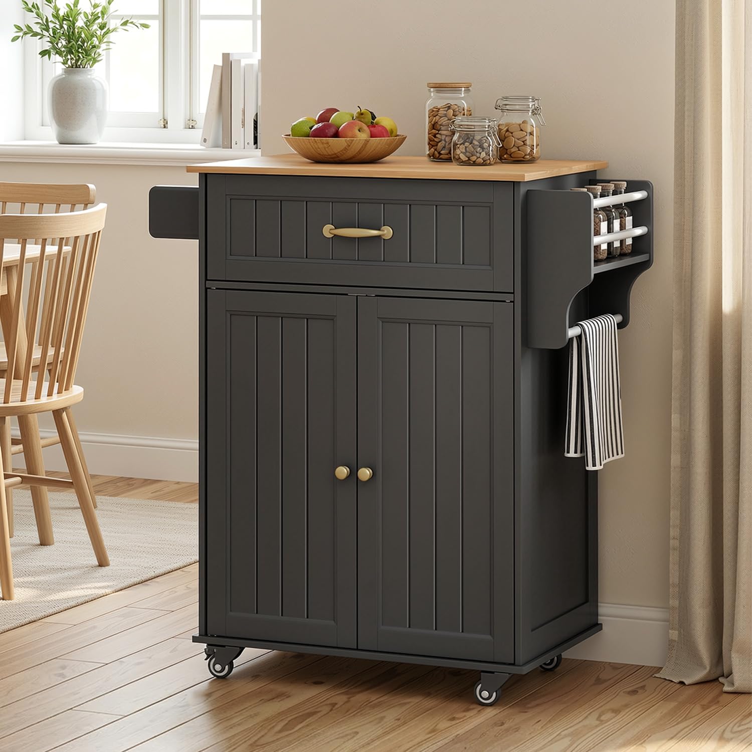 Desserte de Cuisine à roulettes, Îlot de Cuisine Mobile avec 1 Tiroir et 2 Placards, Porte-torchons, étagère réglable, pour Salle à Manger, Salon, 84 × 45 × 85 cm, Noir