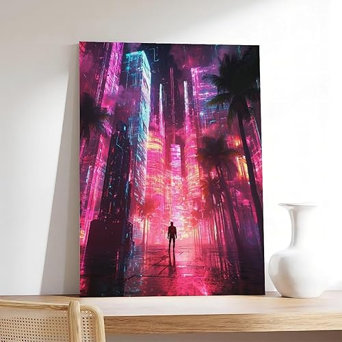 Miniatura 7 de XAHOR Póster estético Vaporwave - Impresión artística retro Cyberpunk con ciudad neón y palmeras, lienzo decorativo y arte de pared, póster moderno