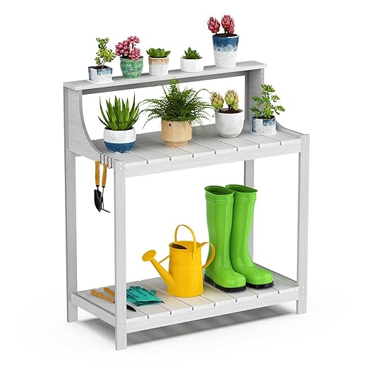 Potting Bench Table, Solid Wood Potting Bench with Storage & Hooks - Durable All-Weather Garden Workstation for Patio, Deck & Yard - 360 lbs Capacity, Rust & Fade Resistant