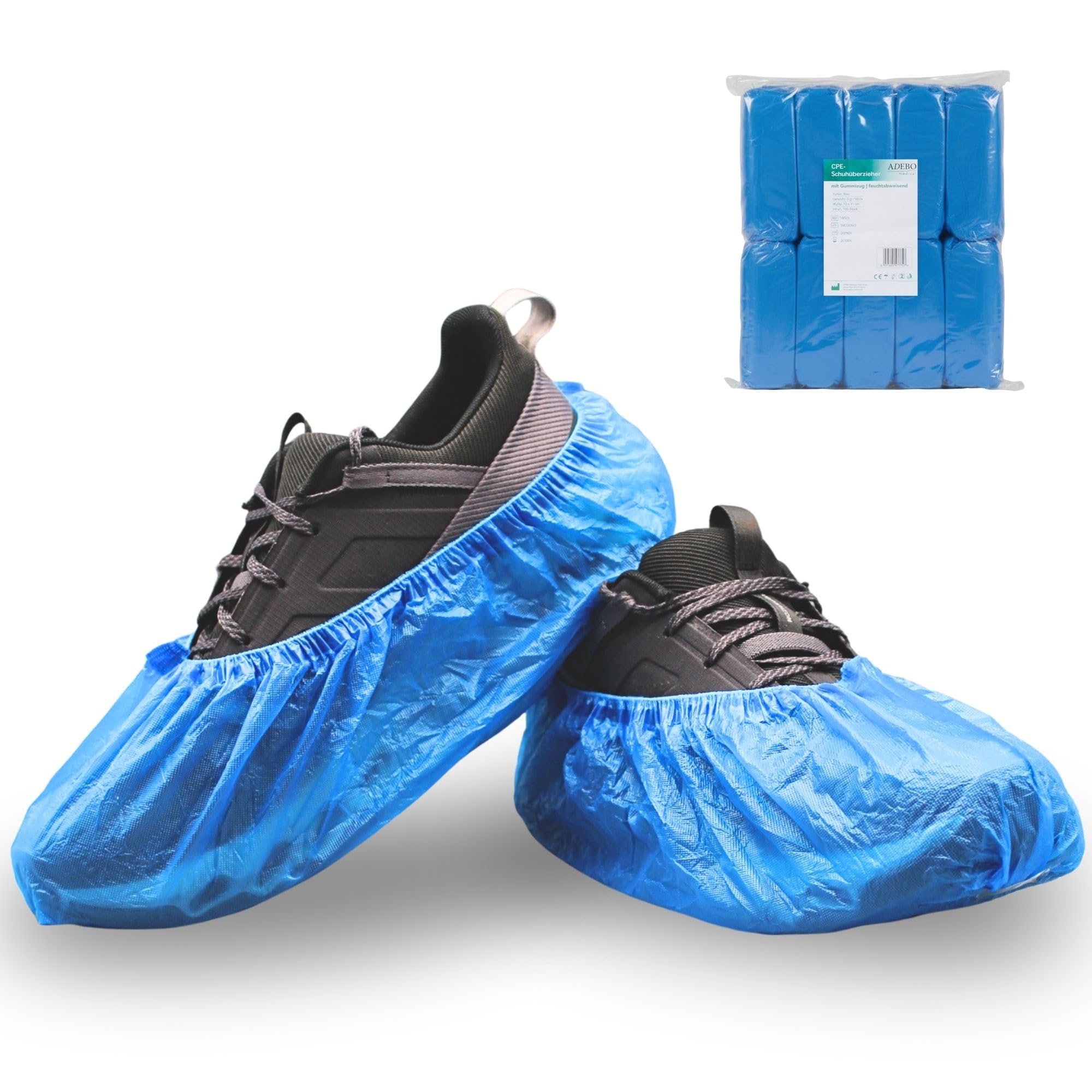ADEBO Schuhüberzieher Wasserdicht | 100 Stück | CPE Überschuhe 3 g | rutschfest, reißfest | Universelle Passform | Einweg | Für Haushalt & Gewerbe