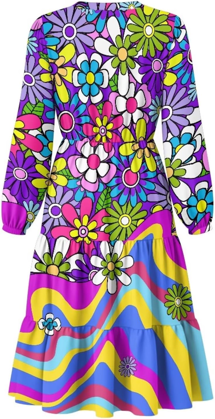 Womens Doll Sleeves Fall Dresses V Neck Midi Dresses Fashion Casual Fit Flowy Tiered Boho Beach Vacation Sundress