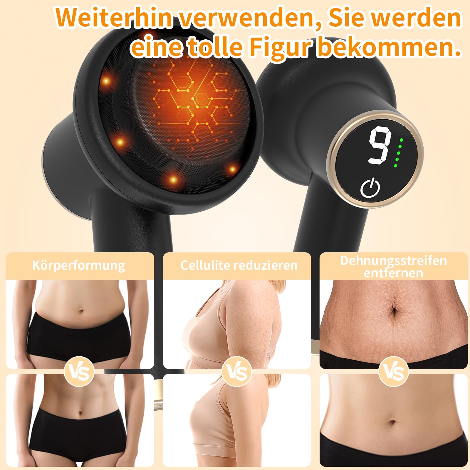 Kabelloses Anti-Cellulite Massagegerät mit 9 Vibrationsstufen & 8 Köpfen, Wiederaufladbar Handmassagegerät für Arme - Hautstraffung, Cellulite-Reduktion & Blutzirkulation - Schwarz