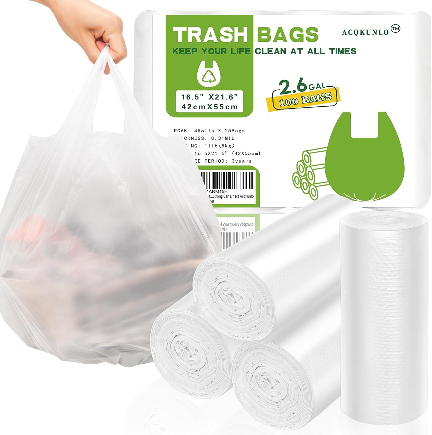2.6 Gallon Small Trash-Bags Bathroom With-Handles – Kitchen White Garbage Bag 100 Count Little Plastic Unscented Waste Basket Office Car Thick Strong Can Liners Acqkunlo