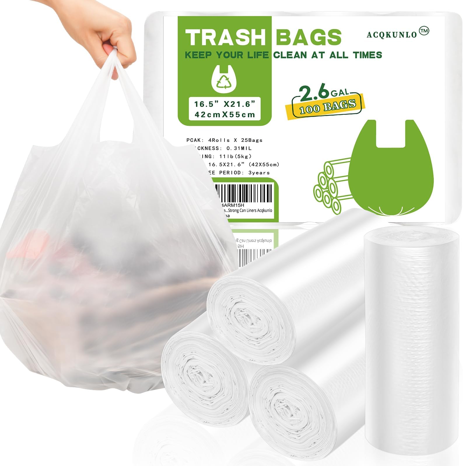 2.6 Gallon Small Trash-Bags Bathroom With-Handles - Kitchen White Garbage Bag 100 Count Little Plastic Unscented Waste Basket Office Car Thick Strong Can Liners Acqkunlo