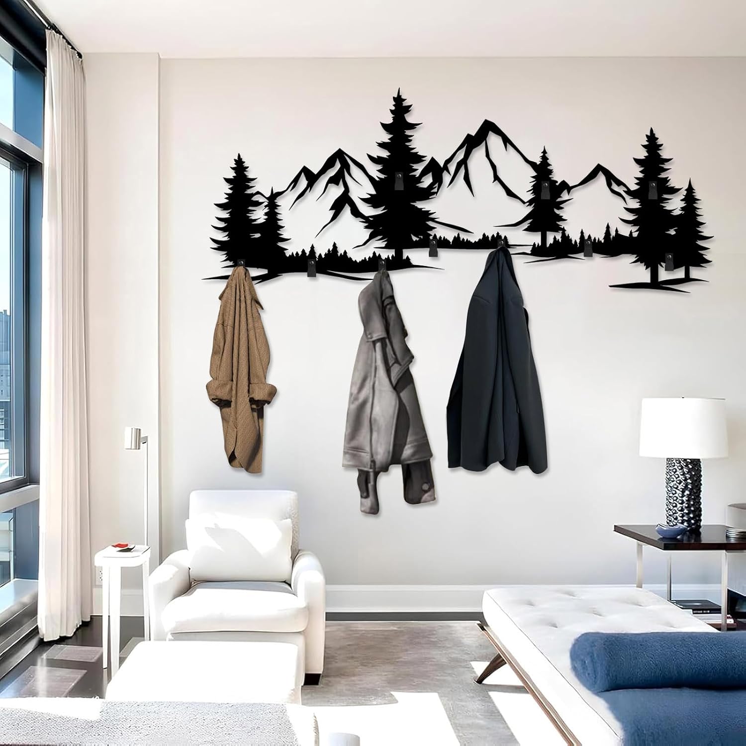 Metal Mountain Coat Rack, Mountain Wall Mount Hooks, Hill and Trees Wall Decor, Forest Metal Coat Rack, Clothes Hat Hooks for Entryway Living Room (Black, 12"X30"|30x76cm)