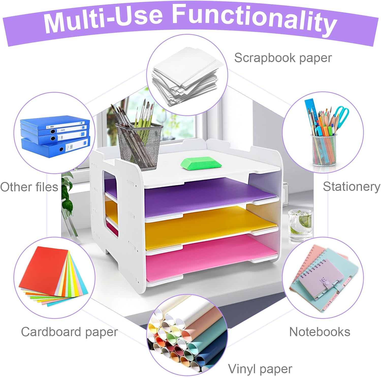 Office Desk Accessories 4 Tier 12x12 Paper Organizer Desktop Scrapbook Paper Storage Shelf for Craft Room Home and Office White
