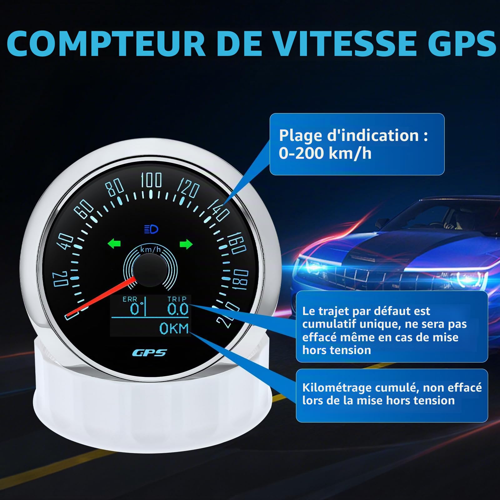 Compteur de vitesse GPS 85 mm 0-200 km/h étanche avec COG voyage kilomètre total pour voiture, camion, moto, 7 couleurs, rétroéclairage 9-32 V