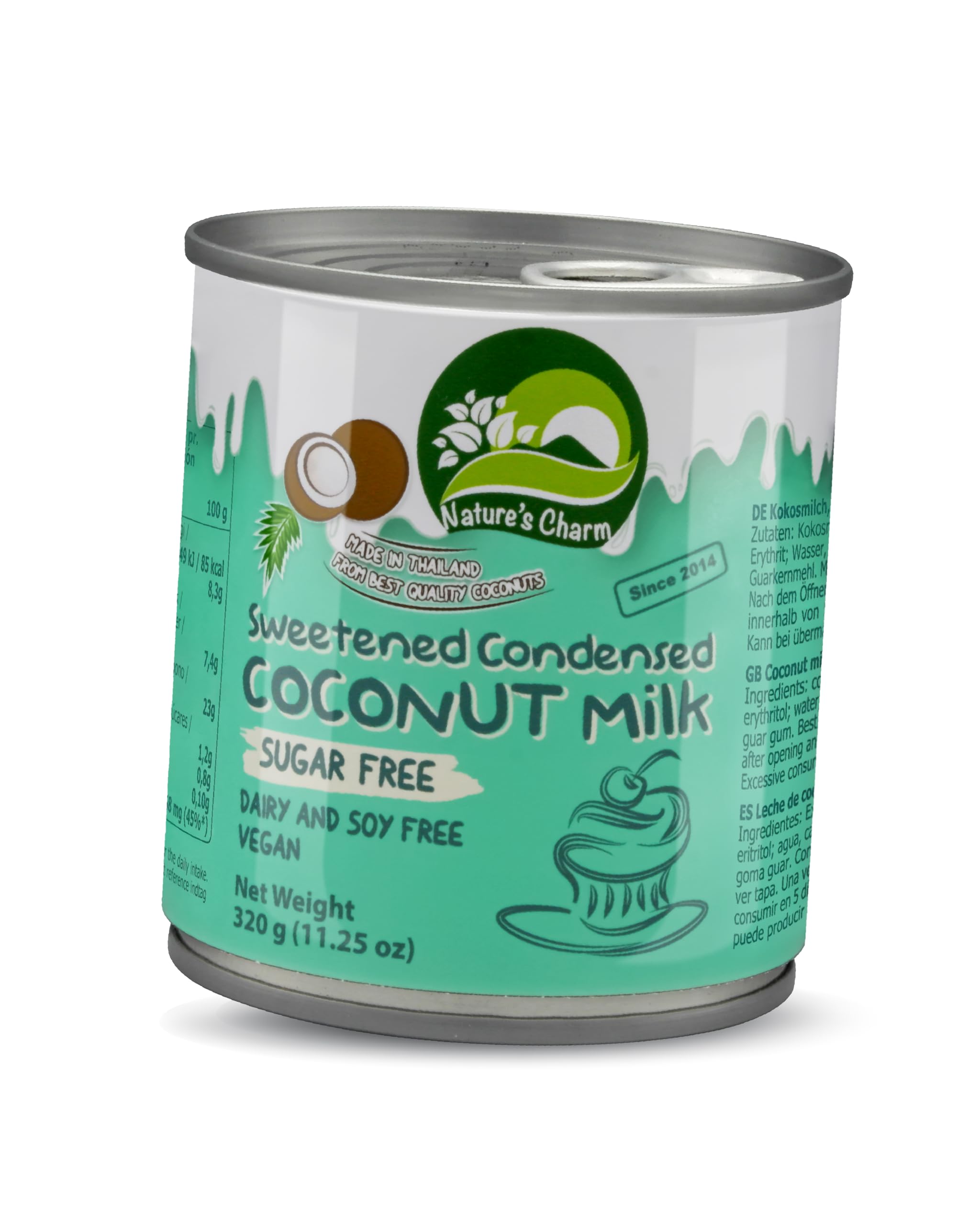 Nature’s Charm eingedickte, gesüßte Kokosnussmilch mit Erythrit I Vegane Kokosmilch ohne Zuckerzusatz I Ideal zum Backen, für cremige Desserts, Kaffee und Tee I 6 x 320 g