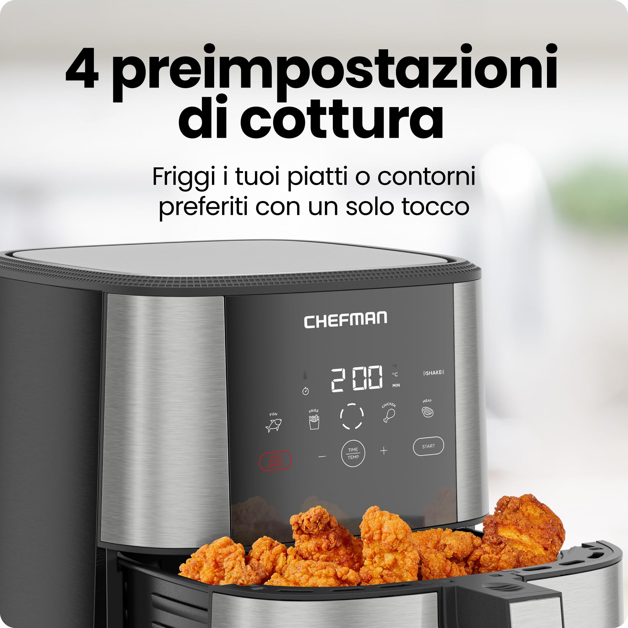 Friggitrice ad aria Chefman TurboFry Touch, 5 litri per famiglie, controllo digitale, patatine, pollo, carne, pesce, parti antiaderenti lavabili in lavastoviglie, spegnimento automatico, acciaio inox