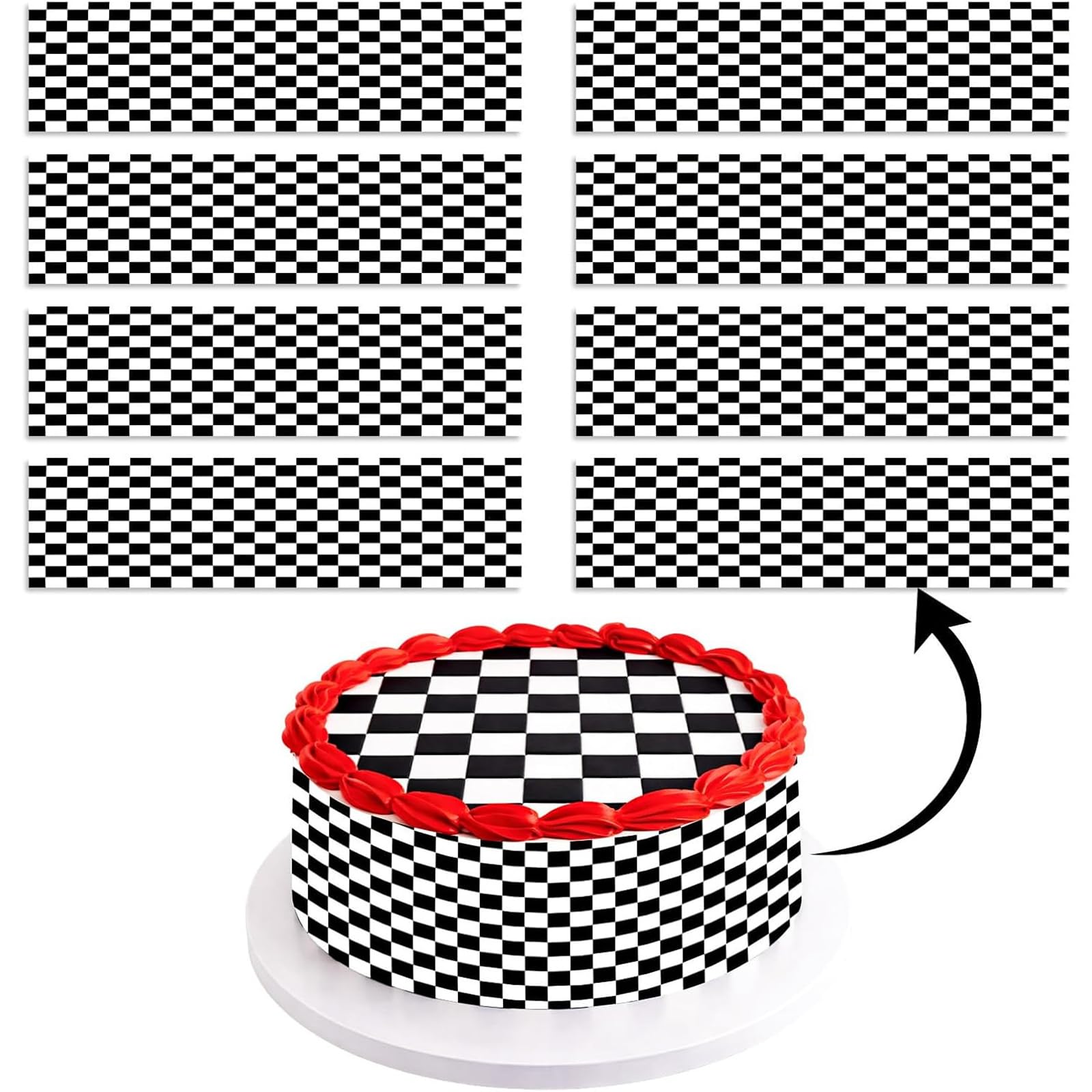 8Pcs Black And White Grid Cake Decorations, Car Cake Decorations, Black White Checkered Silhouette Cardboard with Adhesive Dots, 28×7.4cm Pre-Cut Cake Toppers for Racing Theme Party Dessert Decor