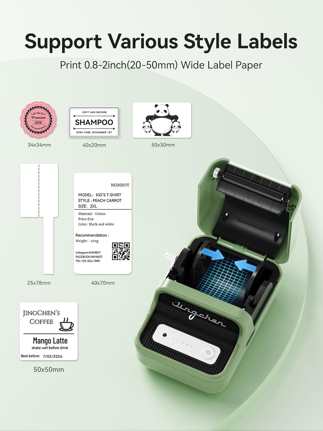 NIIMBOT B21 Label Printer demonstrating support for various label styles and sizes