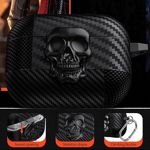 Miniatura 6 de Funda para AirPods Pro de 2 generación, calavera con cerradura y llavero para hombres, divertida fibra de carbono de cuerpo completo, a prueba de