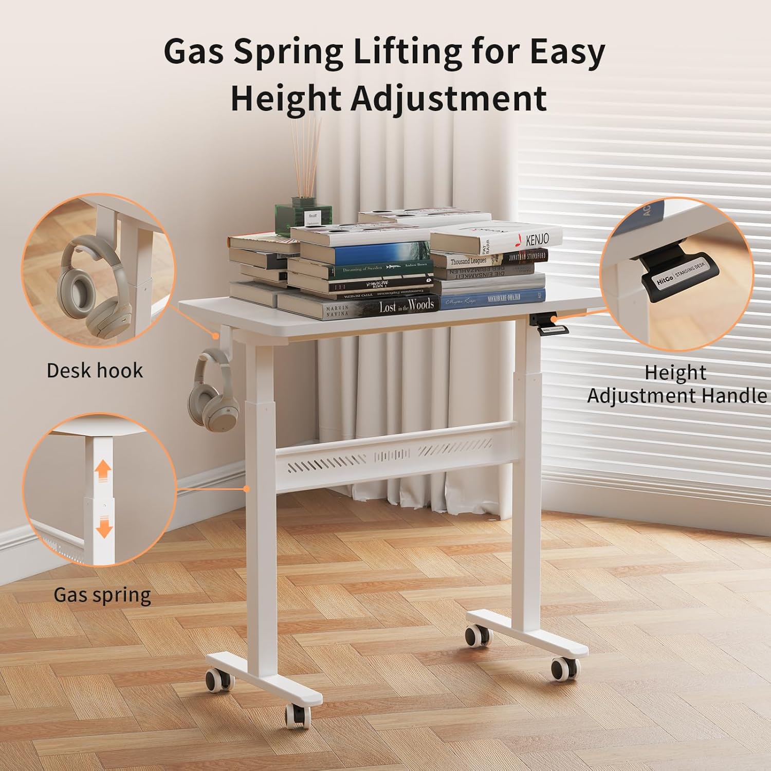 Mobile Standing Desk with Wheels, 32 inch Pneumatic Height Adjustable Desk for Walking Pad, Small Rolling Computer Workstation, Portable Sit Stand Desk for Home Office, 28-43" Tall, White