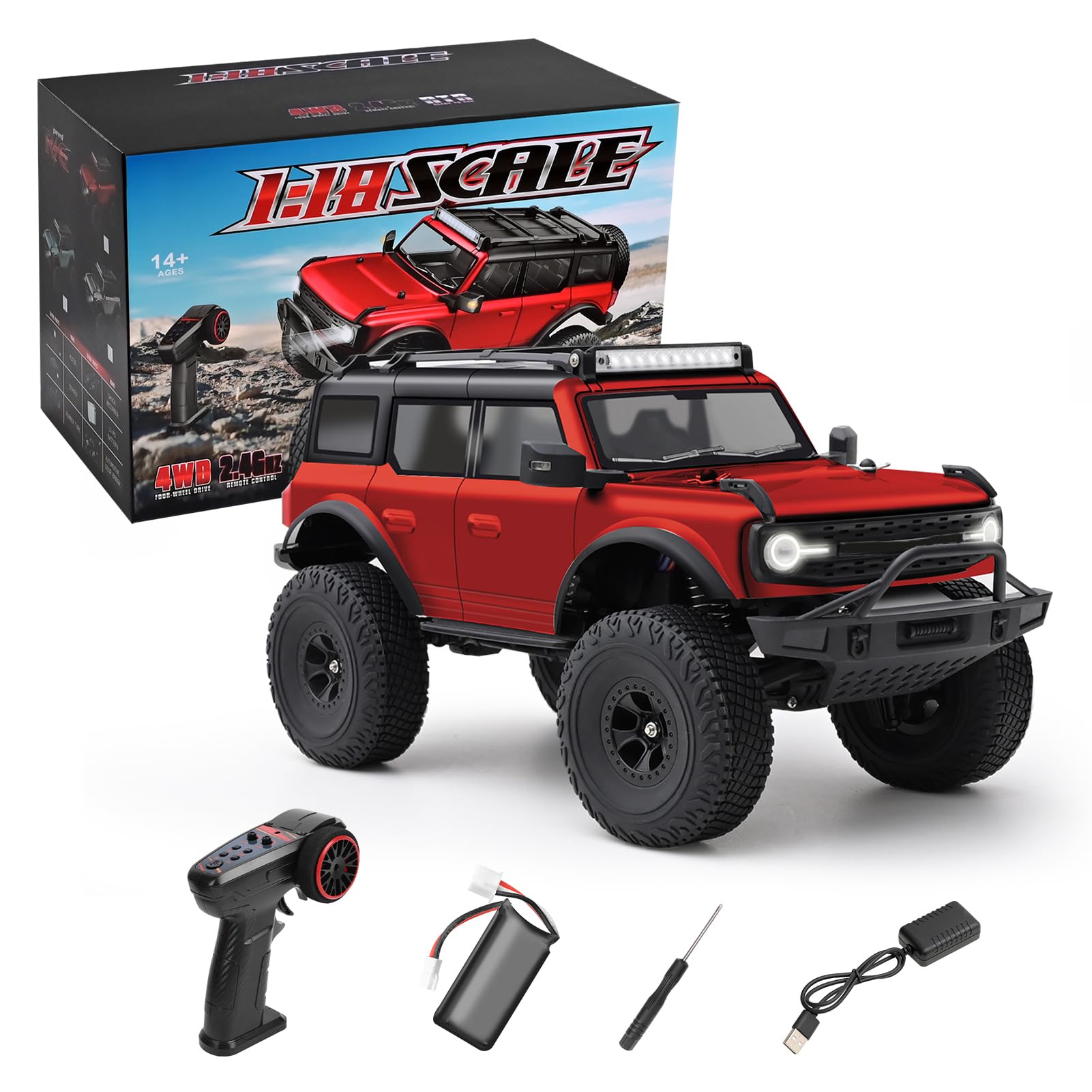 Dilwe Voiture Télécommandée à L'échelle 1:18, Chenille électrique à 4 Roues Motrices avec Roues en Alliage et Lumières LED, pour l'escalade Hors Route et L'Aventure en Terrain (Rouge métallique)