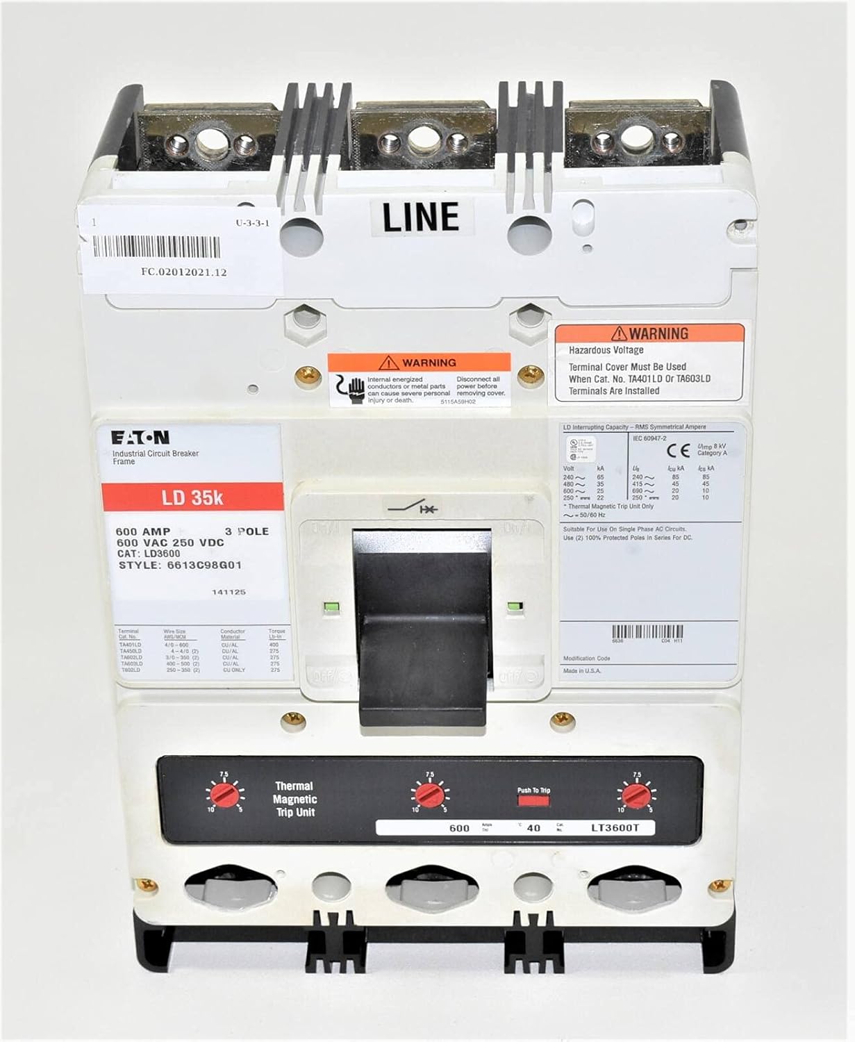 LD3600 - Thermal Magnetic Circuit Breaker, LD Series, 600 VAC, 600 A, 3 Pole, DIN Rail, Panel: Tools & Home Improvement