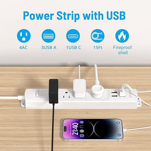 Miniatura 9 de TROND Cable de extensión de 15 pies de largo con 2 USB C, certificación ETL, regleta de alimentación de enchufe plano ultrafina, protector de