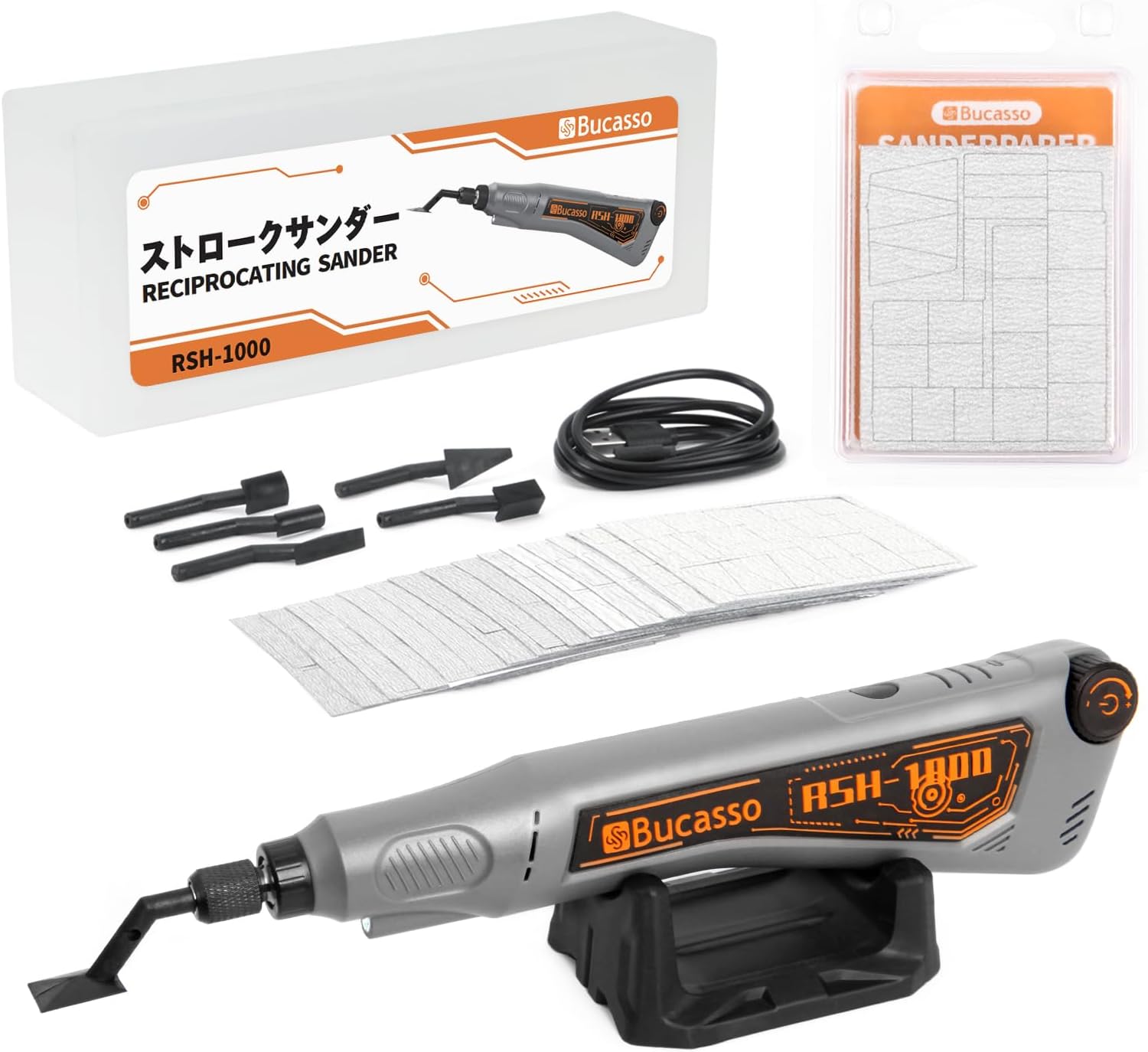 Reciprocating Sander, Variable Speed and USB Charging with LED Light, and 180/240/400/800/1000 Grits Sandpaper Each 10pcs, Fit for Sanding, Polishing, Finishing, DIY Crafts