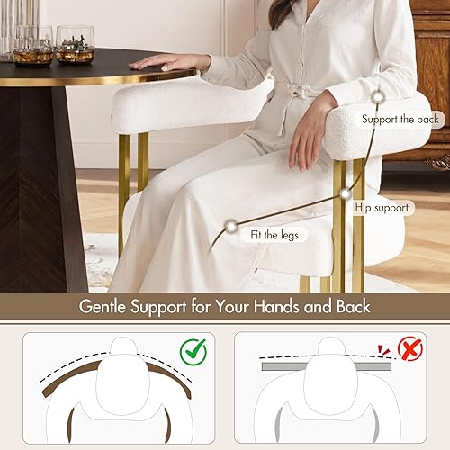 Miniatura 6 de Juego de 4 modernas sillas de comedor blancas Boucle con patas de metal dorado, sillones tapizados de barril de mediados de siglo con respaldo