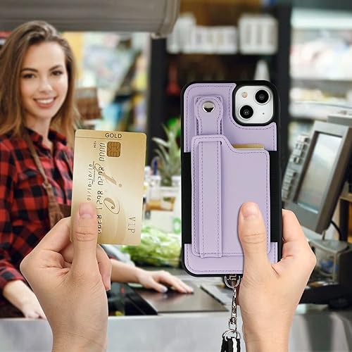 Miniatura 8 de TOOVREN Funda para teléfono compatible con iPhone 14 Plus, compatible con iPhone 14 Plus, funda con correa para tarjetero, cordón de cuero para