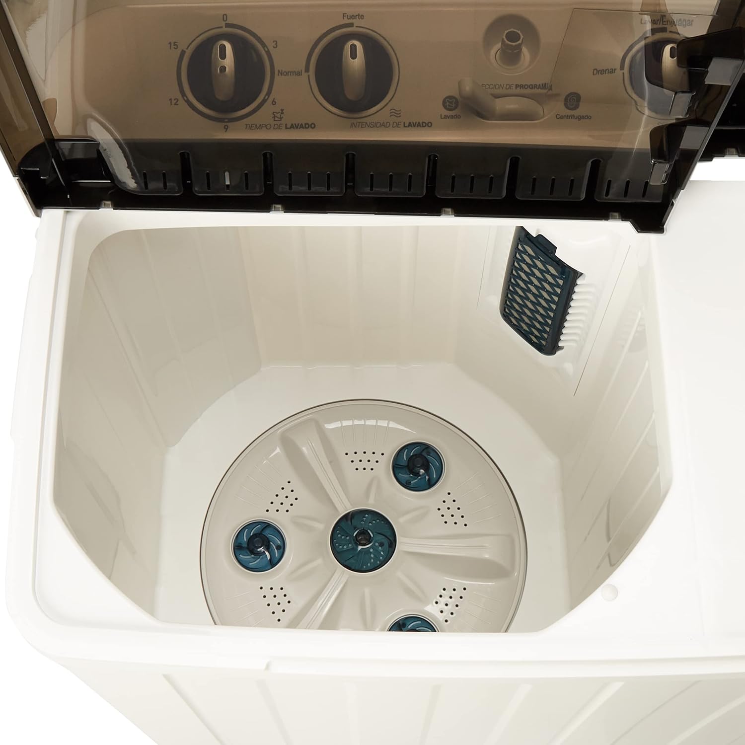 Close-up view of the wash tub interior of the WINIA DWM-K303PB, highlighting the propeller agitator and lint filter.