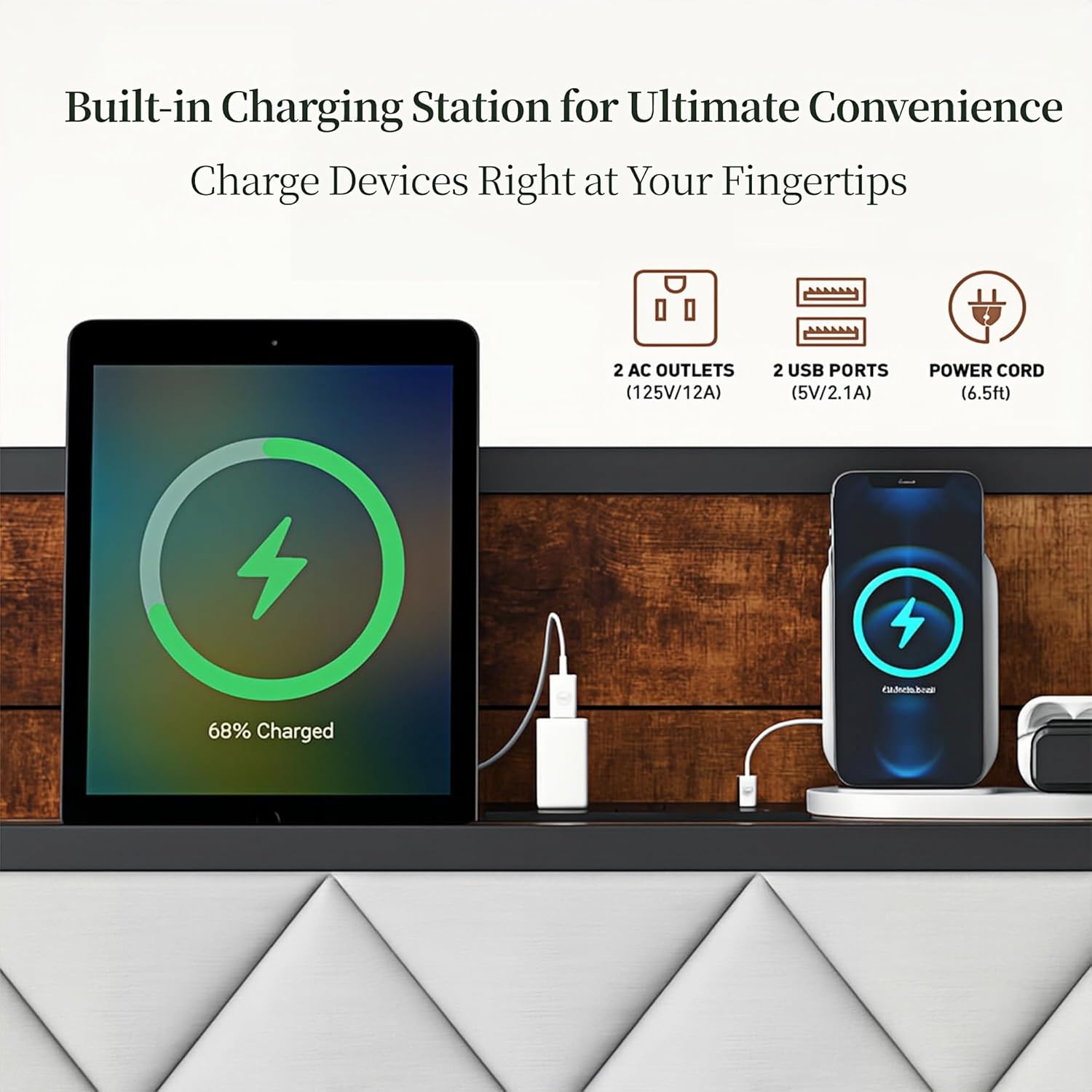 Metal Bed Frame Queen Size with Charging Station & Upholstered Headboard, Heavy Duty Metal Platform Bed Frame No Box Spring Needed, Easy Assembly, Noise-Free, Black