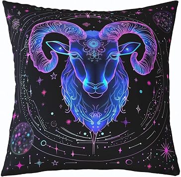 Aries Throw Pillow Cover 24"x24" Boho Exotic Sheep Animal Pillow Cases for Kids Boys Girls Twelve Constellations Symbol Cushion Cover Neon Galaxy Pillow Cover for Couch Sofa Bed