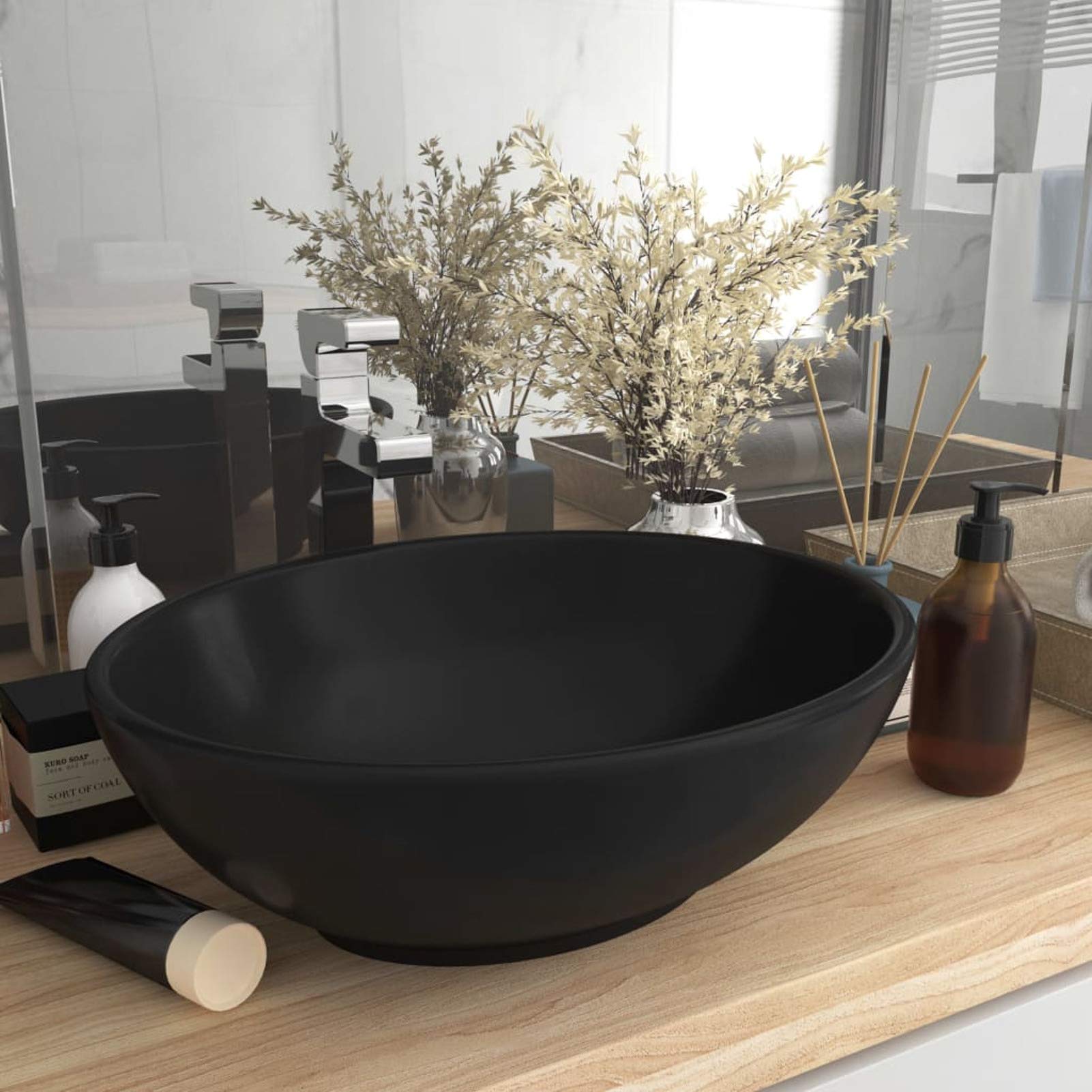 ZEYUAN Lavabo de Lujo, Lavabo sobre Encimera, Lavabo Baño, Muebles De Baño, Mueble Lavabo, Ovalado cerámica Negro Mate 40x33 cm