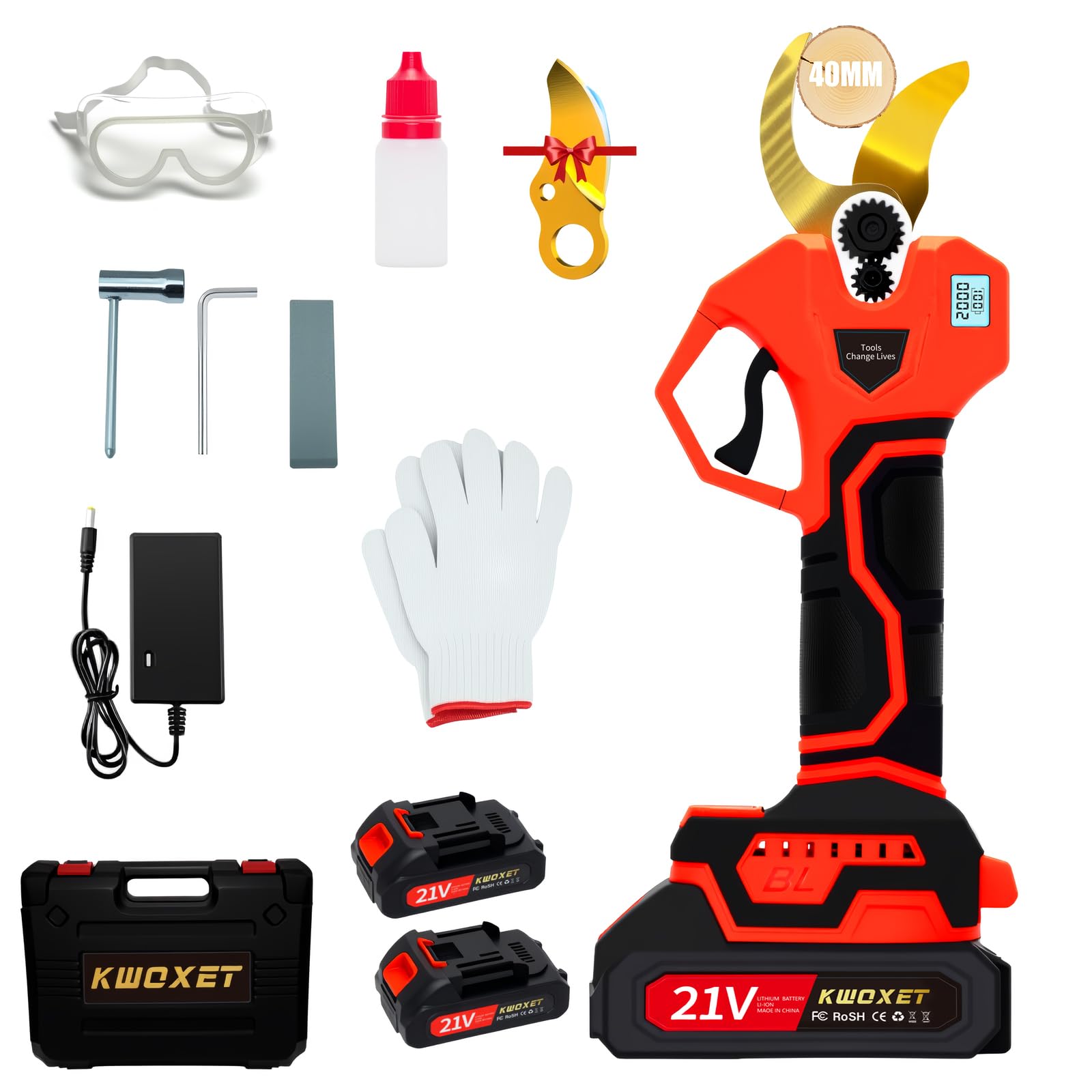 Tijeras de podar electricas, Kwoxet tijeras de podar bateria con apertura de corte de 40 mm y pantalla LCD | Acero SK6 | Baterías 21v 2x 2000mAh | Tijeras de jardín eléctricas(Rojo)