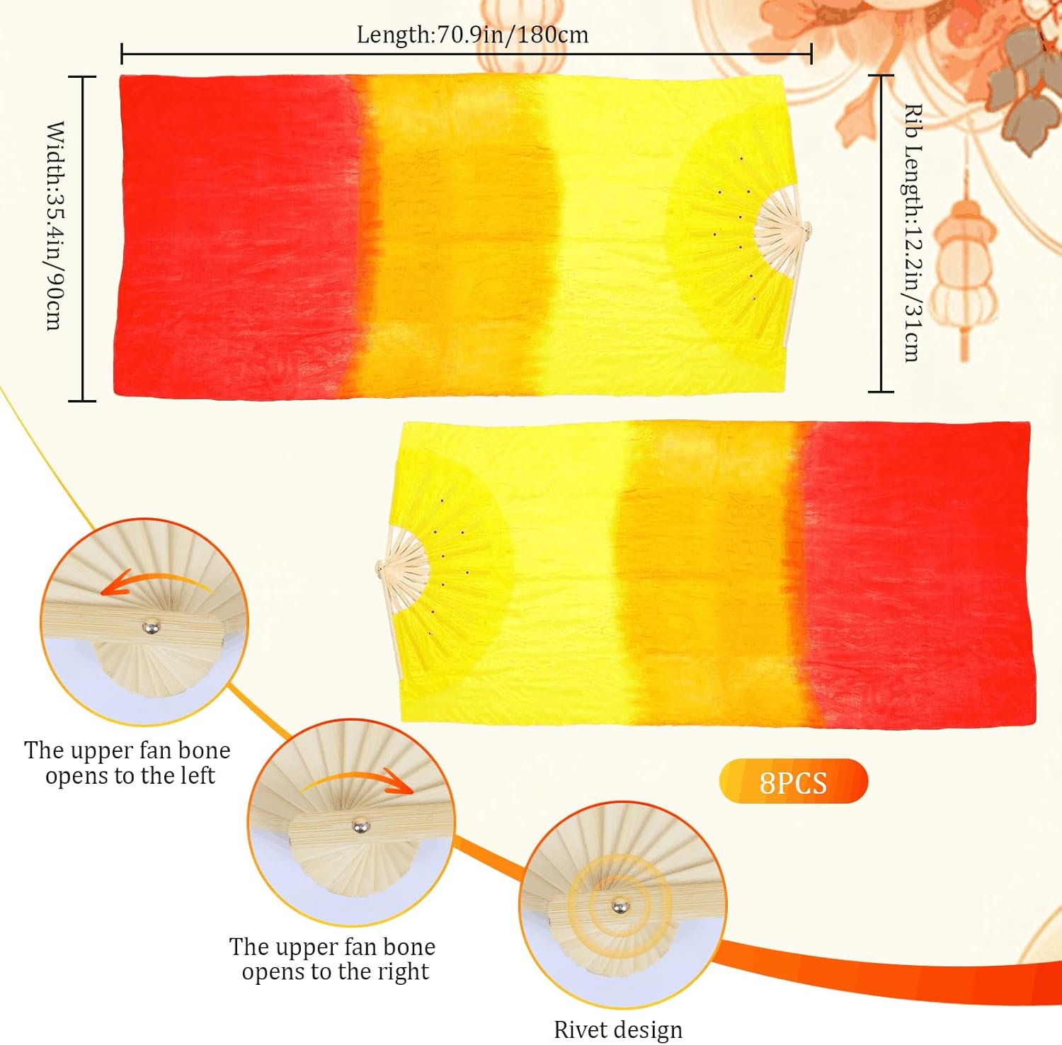 4 Pairs 5.91 FT / 1.8M Belly Dance Fans, Long Faux Silk Bamboo Veil Fans for Dancing with Gradient Colors, Left & Right Hand Fan Veils for Women Line Dancing & Performance