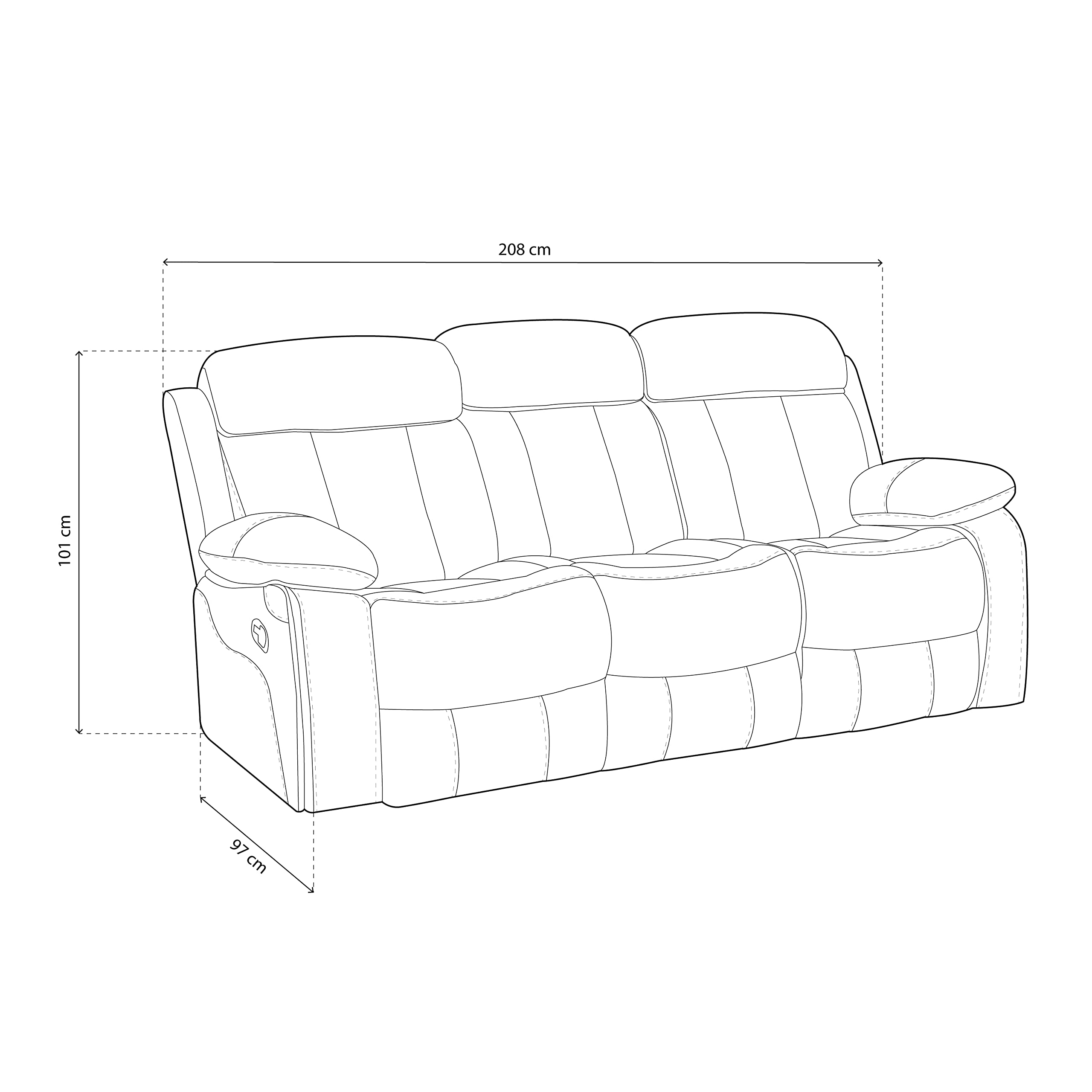 duehome | Sofá 3 Plazas, Sofá Reclinable, Asiento de Descanso, Modelo Kendal, Acabado en Tejido Color Beige, Medidas: 208 cm (Largo) x 101 cm (Alto) x 97 (Fondo)