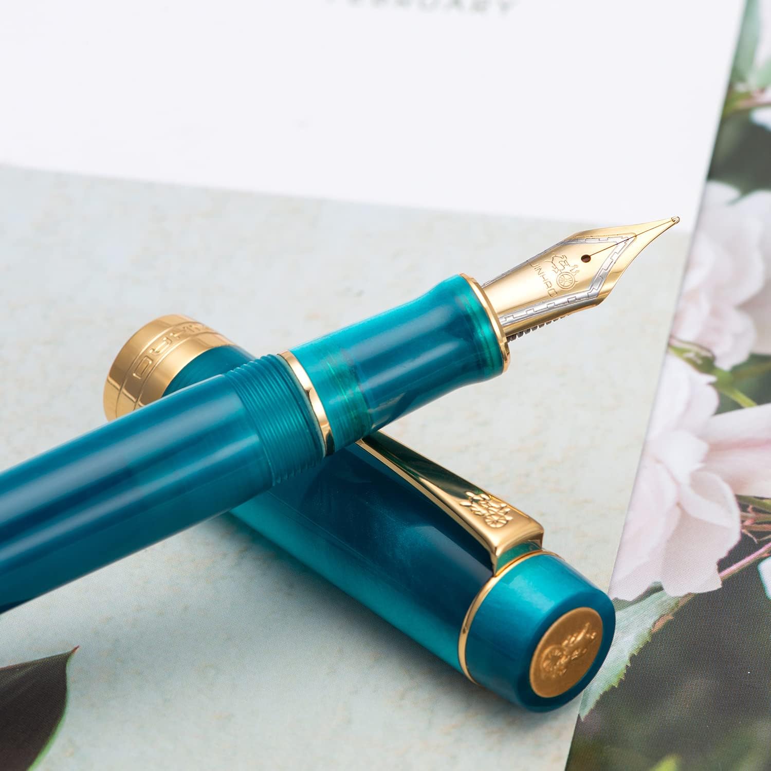 Jinhao 100 Fountain Pen Celluloid Classic Style, #6 Nib Smooth Writing Instrument with Refillable Converter and Pen Case Set